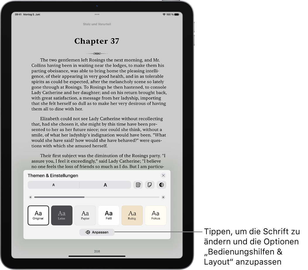 Eine Buchseite in der App „Bücher“. Die Optionen „Themen & Einstellungen“ mit Steuerelementen für Schriftgröße, Scrollansicht, Stil zum Umblättern, Helligkeit sowie Schriftoptionen