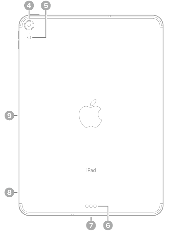 Die Rückansicht des iPad Pro mit Hinweisen auf die rückwärtige Kamera und den Blitz oben links, den Smart Connector und den USB-C-Anschluss unten in der Mitte, das SIM-Fach (Wi-Fi + Cellular) unten links und den magnetischen Anschluss für den Apple Pencil an der linken Seite.