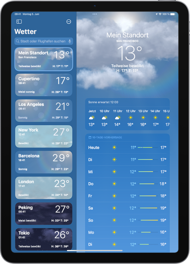 Der Bildschirm „Wetter“ mit der Seitenleiste auf der linken Seite des Bildschirms. In der Seitenleiste wird eine Liste von Städten mit der aktuellen Uhrzeit, der aktuellen Temperatur, der Vorhersage sowie den Höchst- und Tiefsttemperaturen angezeigt. Oben in der Liste ist die Option „Mein Standort“ ausgewählt und rechts auf dem Bildschirm befinden sich die Wettervorhersage sowie die Wetterbedingungen für diesen Ort.