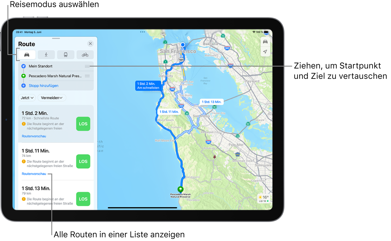 Eine Karte zeigt mehrere Fahrtrouten zwischen zwei Standorten sowie Optionen zum Auswählen einer anderen Fortbewegungsart, Vertauschen von Start und Ziel, und der Routenanzeige als Liste.