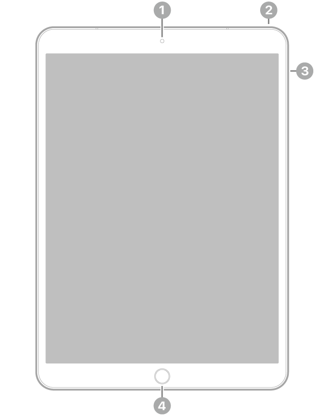 Die Vorderansicht des iPad Air mit Hinweisen auf die Frontkamera oben in der Mitte, die obere Taste oben rechts, die Lautstärketasten an der rechten Seite und die Home-Taste/Touch ID unten in der Mitte.