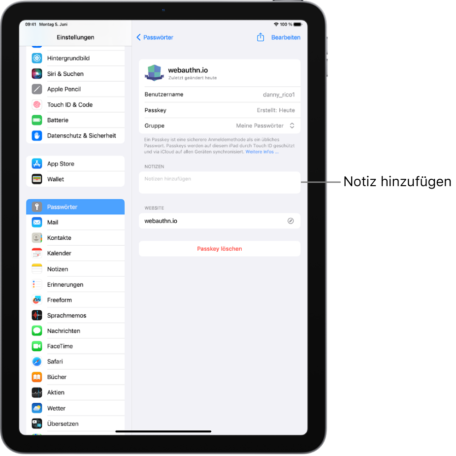 Der Bereich „Passwörter“ der „Einstellungen“ mit Informationen über einen Passkey und einem Feld zum Eingeben einer Notiz.