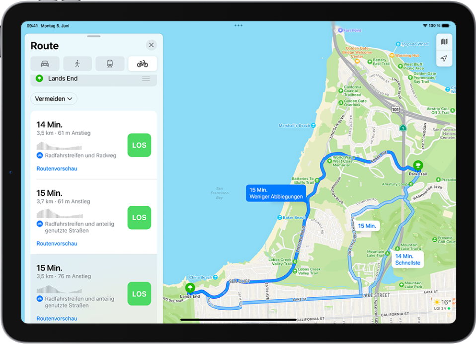 Eine Karte mit mehreren Fahrradrouten, von denen jede über eine Taste „Los“ links in der Routenkarte verfügt.