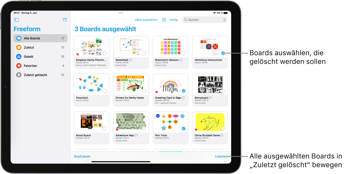 In der Ansicht „Alle Boards“ in der App „Freeform“ sind mehrere Boards ausgewählt. Die Taste „Löschen“ befindet sich in der unteren rechten Ecke des Bildschirms.