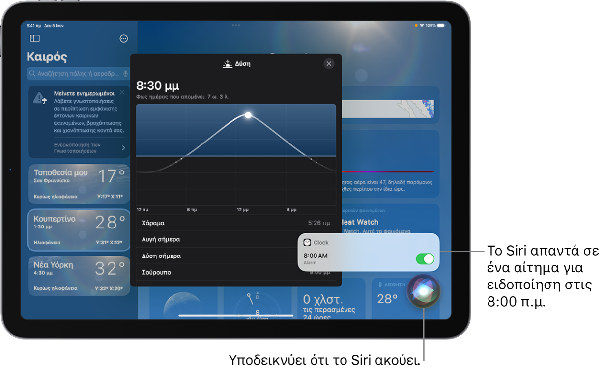 Το Siri στην οθόνη της εφαρμογής «Καιρός». Κάτω δεξιά, μια γνωστοποίηση από την εφαρμογή «Ρολόι» δείχνει ότι η ειδοποίηση έχει ενεργοποιηθεί για τις 8:00 π.μ. Ένα εικονίδιο από κάτω υποδεικνύει ότι το Siri ακούει.