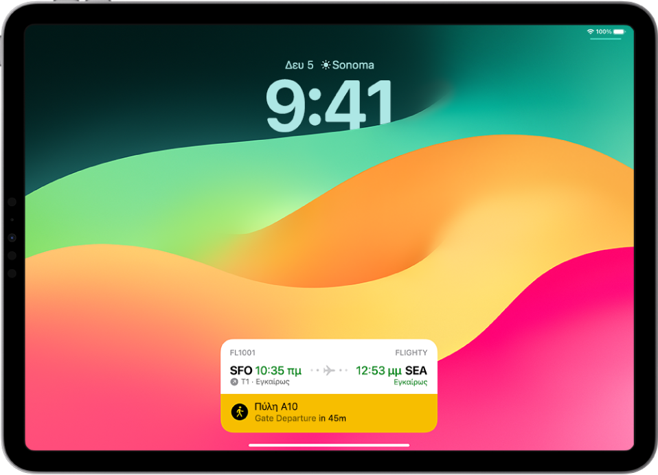 Η οθόνη κλειδώματος ενός iPad με μια Ζωντανή δραστηριότητα: μια συσκευή παρακολούθησης πτήσεων αεροπορικών εταιρειών που εμφανίζει τις ώρες πτήσης και το αναμενόμενο μεσοδιάστημα αναχώρησης για μια πτήση που παρακολουθείται.