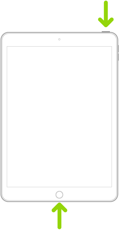An illustration of an iPad with Touch ID. Arrows point to the Home button and the top button.