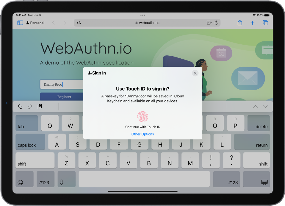 A website is open in Safari. A sign-in dialogue includes options to use a passkey to sign in to the website, or use other options.