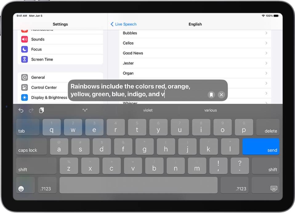 Live Speech activated over the settings pane where the voice is chosen.