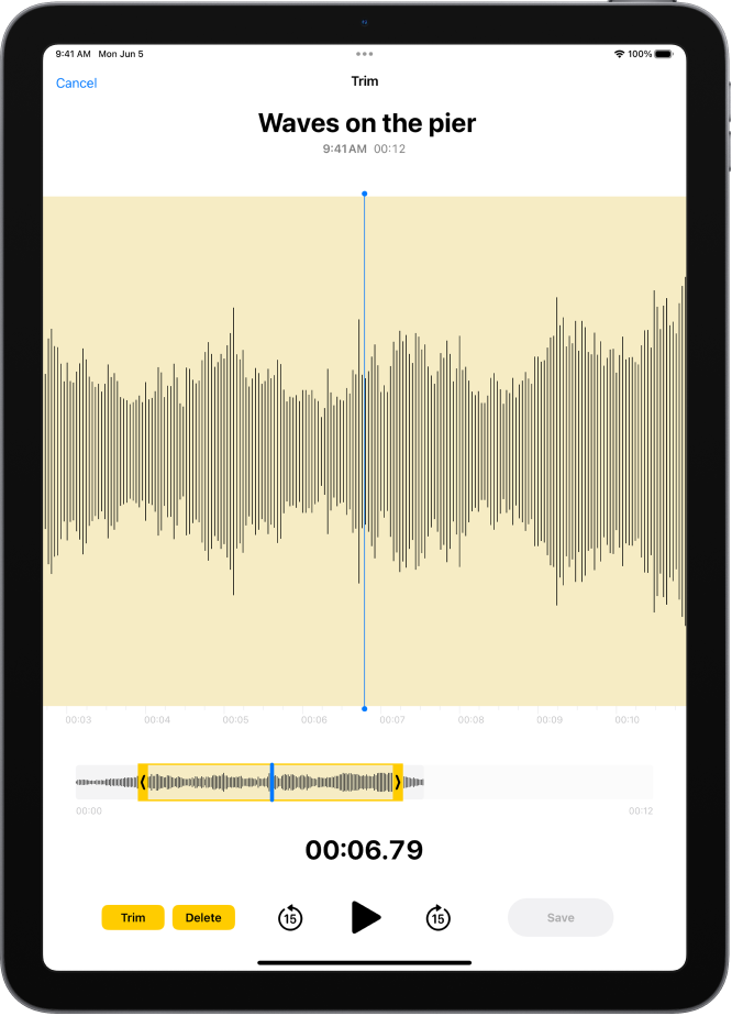 A recording is being edited, with the yellow trim handles enclosing a portion of the audio waveform at the bottom of the screen. To the left of the Play controls are the Trim button (for deleting the part of the recording outside the handles) and the Delete button (for deleting the part of the recording outside the handles).