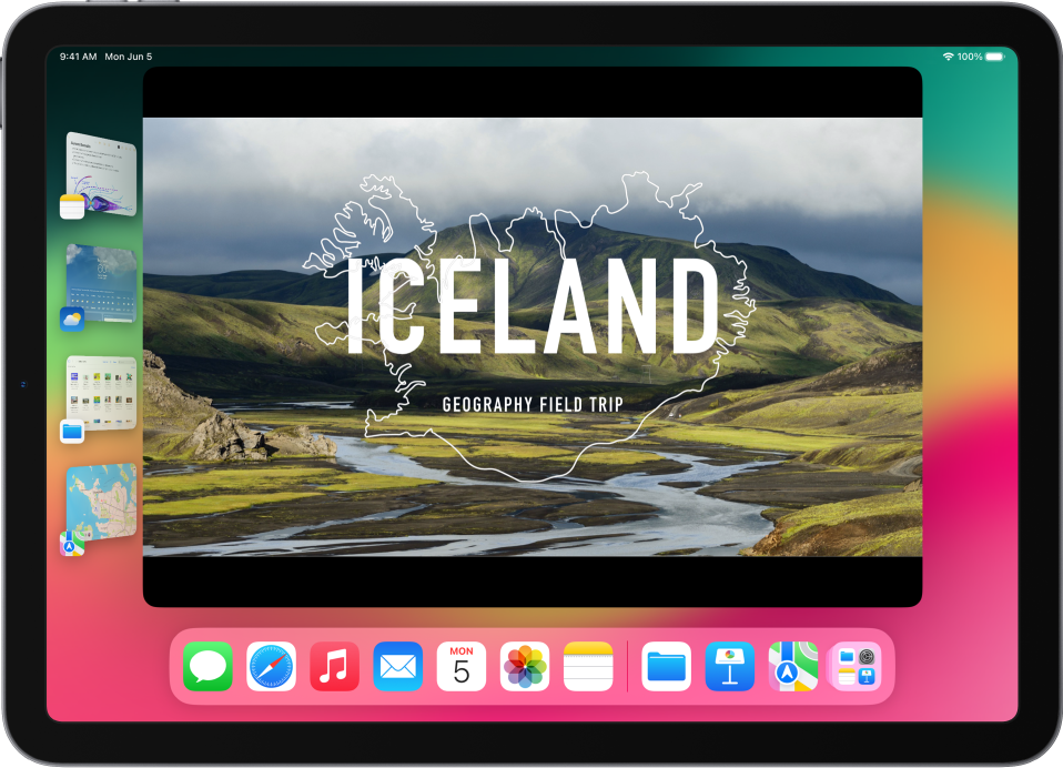 An iPad display with Stage Manager turned on. The current window is in the center of the screen, and other recent apps are in a list on the left side of the screen.