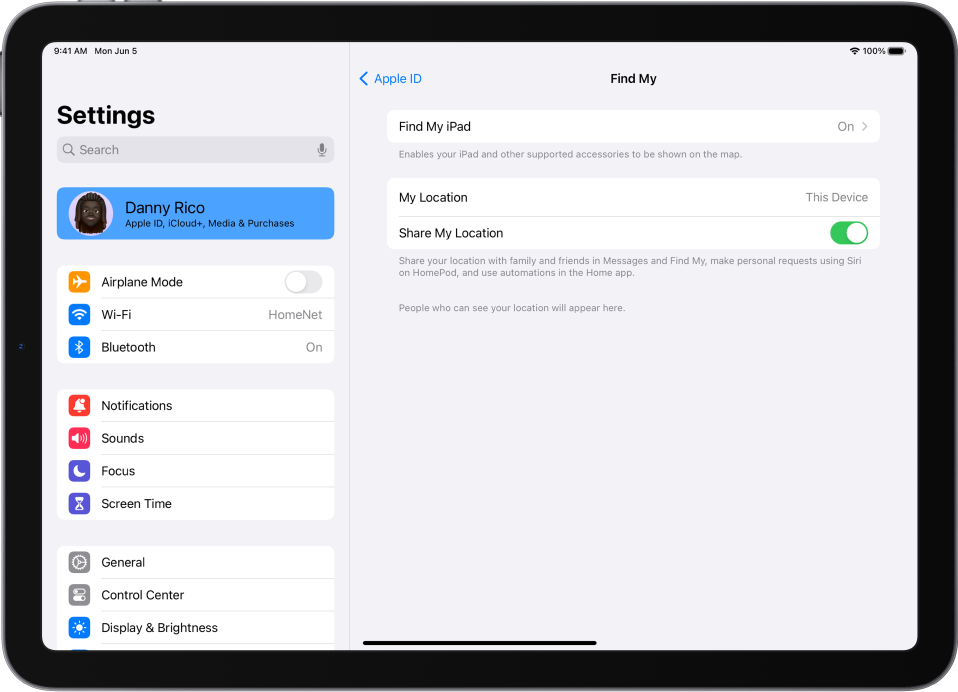 The Settings sidebar is on the left side of the screen and the top option with the user’s name is selected. On the right side of the screen are options to choose which Find My features to turn on. Find My iPad and Share My Location are turned on.