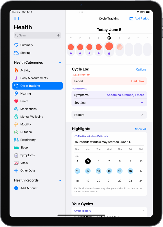 The Cycle Tracking screen showing the timeline for a week at the top of the screen. Solid red circles and purple dots mark the first 5 days on the timeline. Below the timeline are options to add information about periods, symptoms, and more.