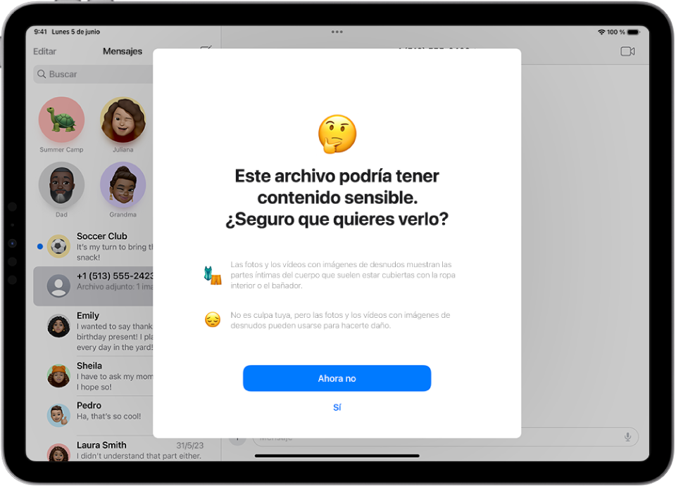 Pantalla de “Aviso de contenido sensible” que avisa de una imagen que puede contener desnudos. En la parte inferior de la pantalla se encuentran los siguientes botones: “Ahora no” y Sí.