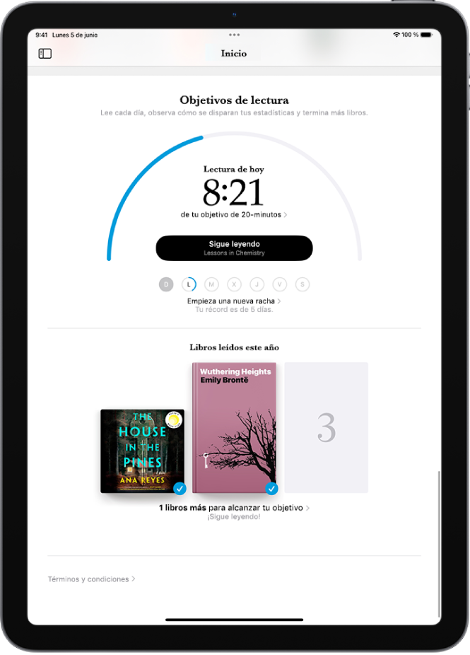 Pantalla “Objetivos de lectura” con las estadísticas del usuario: la lectura de hoy, registro de lectura de la semana y libros leídos este año.