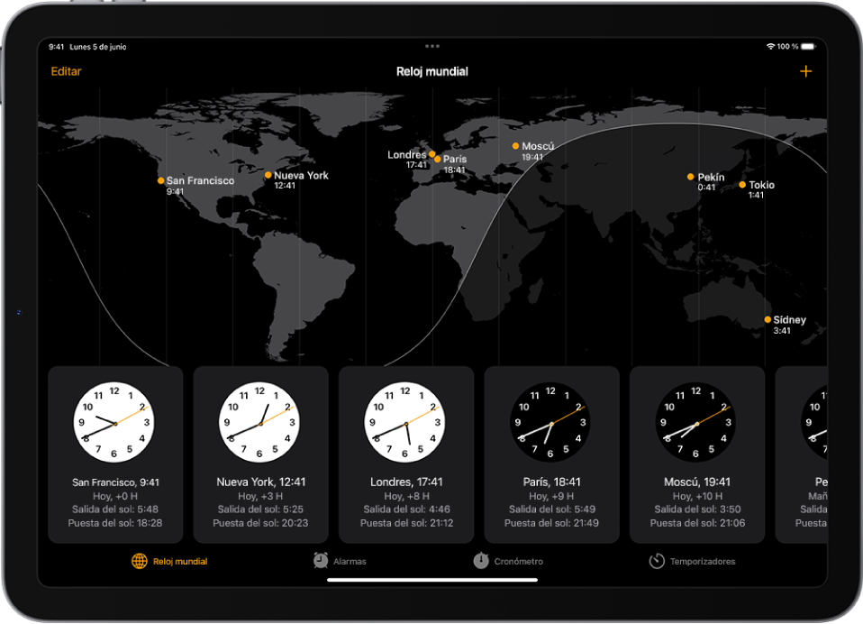 Pestaña “Reloj mundial” con la hora de varias ciudades. El botón Editar cerca de la esquina superior izquierda permite eliminar ciudades. El botón Añadir cerca de la esquina superior derecha permite añadir más ciudades. Los botones “Reloj mundial”, Alarma, Cronómetro y Temporizadores se encuentran en la parte inferior.