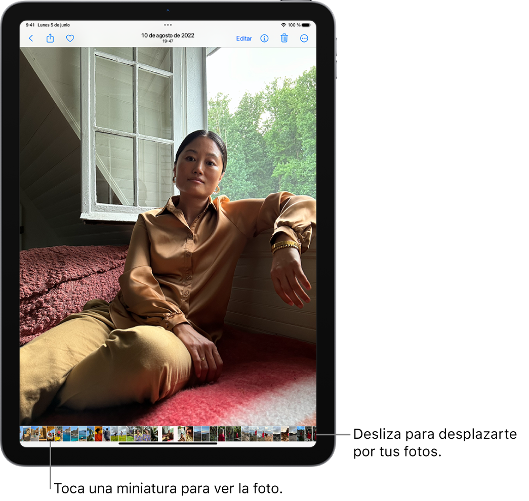 La app Fotos muestra una foto a pantalla completa. En la parte inferior de la pantalla hay imágenes en miniatura de otras fotos de la fototeca.