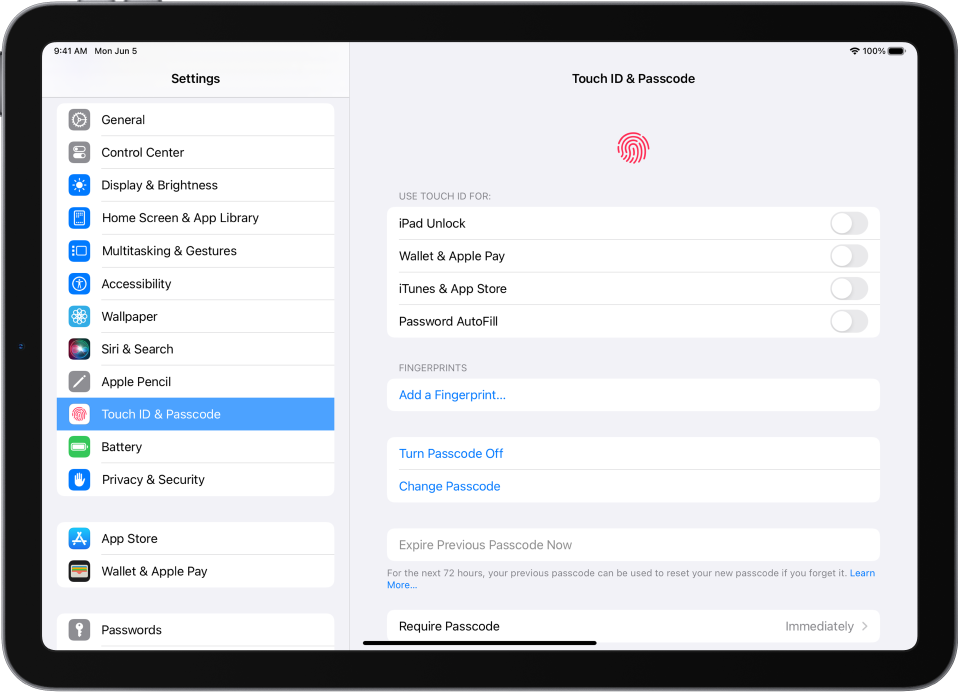 Ekraani vasakul küljel on avatud Settings-küljeriba ning valitud on Touch ID & Passcode Ekraani paremal küljel on valikud selle kohta, milliseid funktsioone saab Touch ID-ga avada. iPad Unlock, Wallet & Apple Pay, iTunes & App Store ja Password Autofillon kõik lülitatud välja.