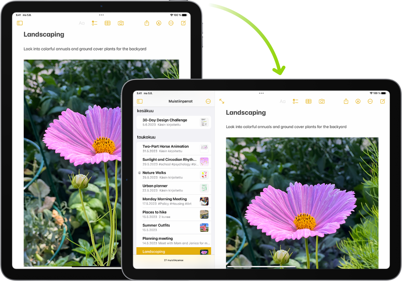 Taustalla iPadissa näkyy Muistiinpanot-näyttö pystysuunnassa; etualalla iPad on käännetty ja näyttää Muistiinpanot-näytön vaakasuunnassa.