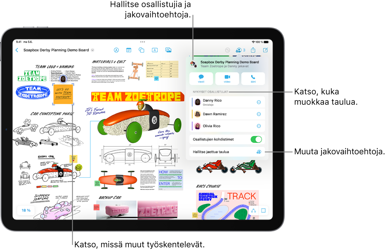 iPadissa jaettu Freeform-taulu, jossa on avattuna yhteistyövalikko. Toisen osallistujan sijainti on merkitty taululle violeteilla valintamerkeillä.