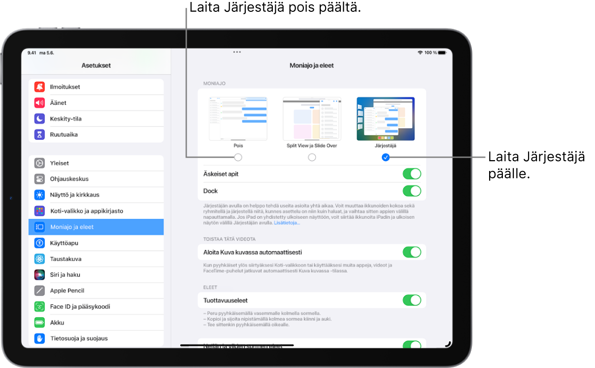 iPadin näyttö, jossa näkyvät säätimet Järjestäjän laittamiseksi päälle ja pois, äskettäisten appien luettelon kätkemiseksi ja näyttämiseksi sekä Dockin kätkemiseksi ja näyttämiseksi Järjestäjän ollessa päällä.