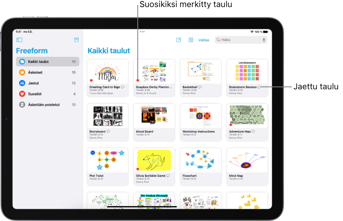 Freeform on avoinna iPadissa. Kaikki taulut on valittuna sivupalkissa, ja tauluminiatyyrit näkyvät oikealla.