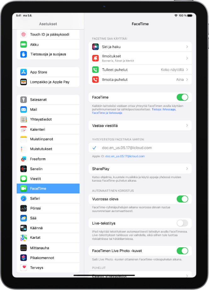 FaceTime-asetusnäyttö, kytkin FaceTimen laittamiseen päälle tai pois sekä kenttä, johon voit kirjoittaa Apple ID:n FaceTimelle.