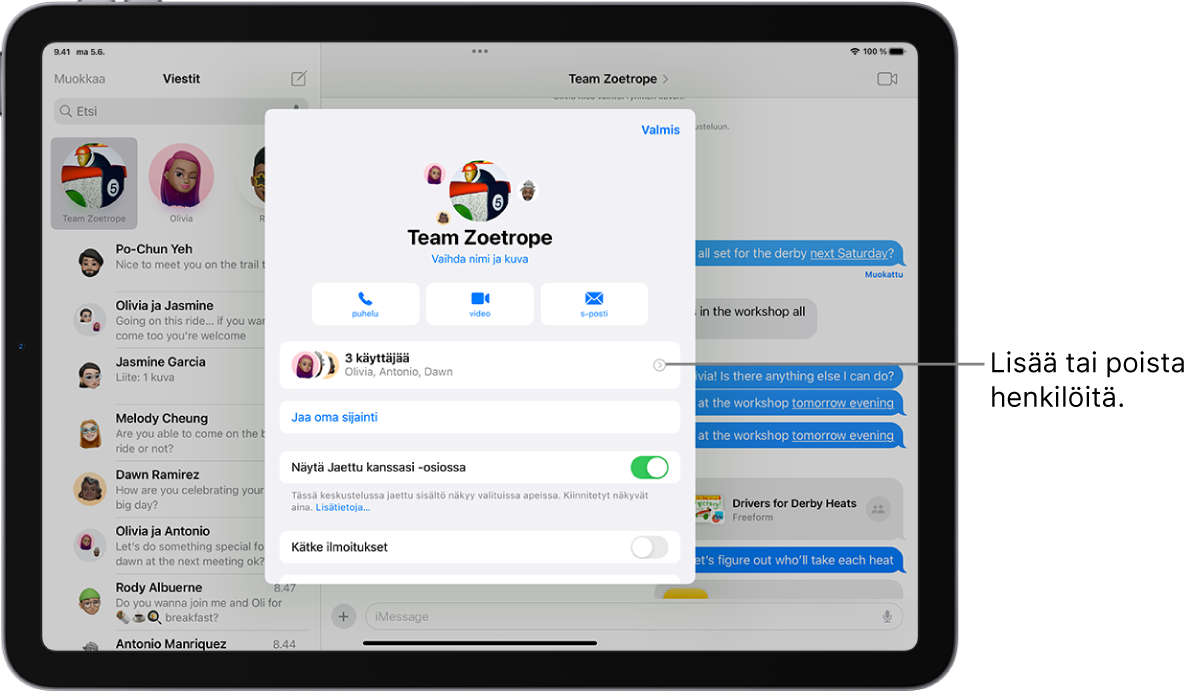 iPad-ryhmäkeskustelun tiedot.