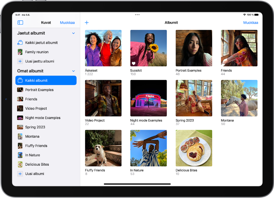 Kuvat-sivupalkki on auki näytön vasemmassa reunassa. Omat albumit -otsikon alla on valittuna Kaikki albumit. Muissa iPadin näytön osissa on albumien miniatyyrit ruudukossa.