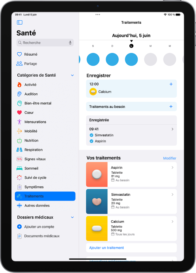 L’écran Traitements dans Santé, avec la date et un journal des traitements.