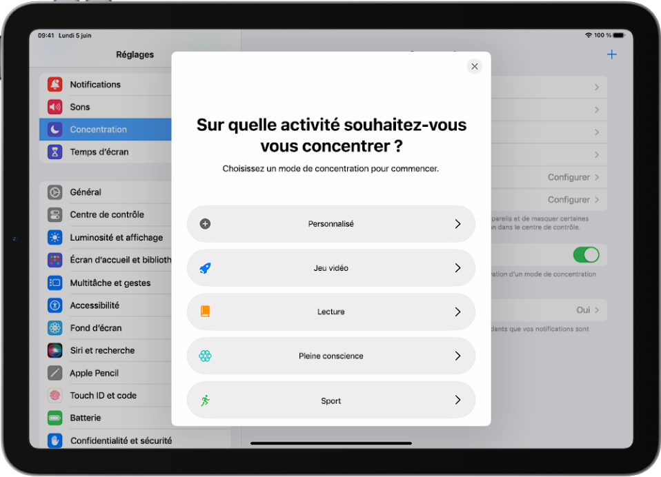 Un écran de configuration du mode de concentration pour l’un des modes de concentration supplémentaires fournis, notamment Personnalisé, Sport, « Jeu vidéo », « Pleine conscience » et Lecture.