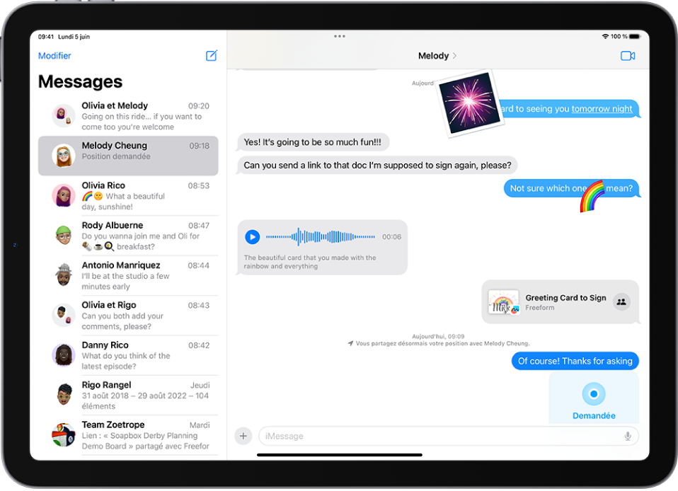 Une conversation Messages affichant des fonctionnalités d’iMessage.