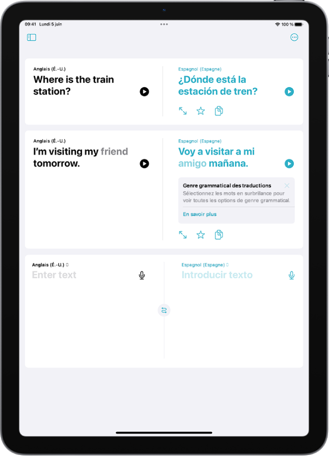 Onglet Traduction affichant des phrases traduites de l’anglais vers l’espagnol. La deuxième phase contient un mot présentant différentes variations de genre surlignées en gris.