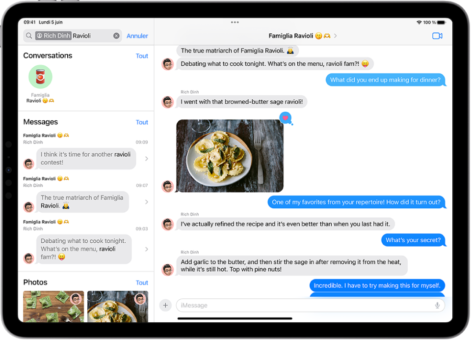 L’app Messages affiche une conversation sur le côté droit de l’écran. En haut à gauche de l’écran, le champ de recherche est rempli de plusieurs termes de recherche. Sous le champ de recherche figurent les résultats de recherche pour les conversations, les messages et les photos qui incluent les termes de recherche.