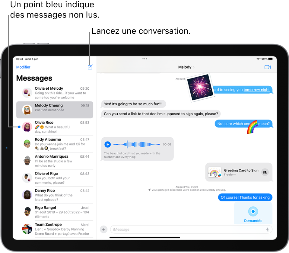 Liste des conversations sur la gauche et conversation sur la droite. Touchez le bouton Rédiger en haut à droite de la liste des conversations pour commencer un nouveau message. Le point bleu situé à gauche d’un message indique que ce dernier n’a pas été lu.