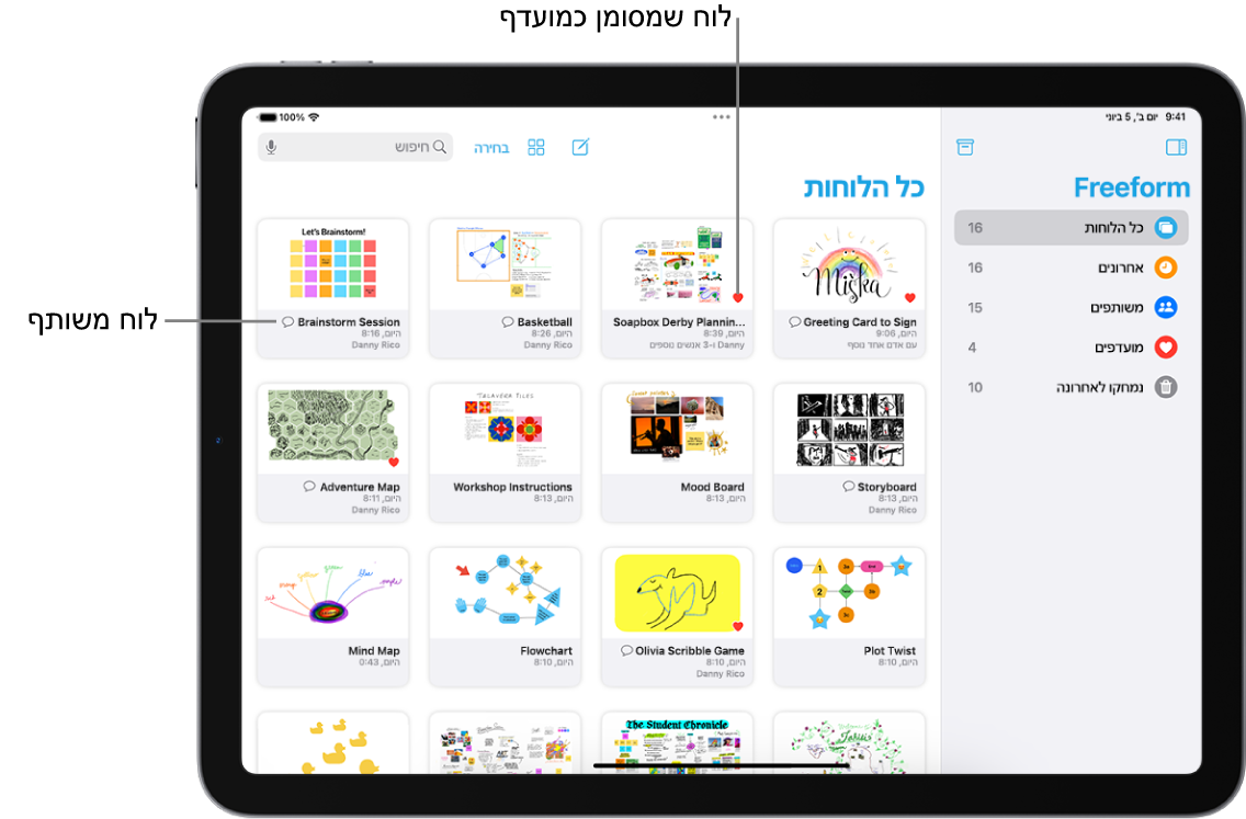 היישום Freeform פתוח ב-iPad. האפשרות ״כל הלוחות״ מסומנת בסרגל הצד, ותמונות ממוזערות של לוחות מופיעות בצד שמאל.