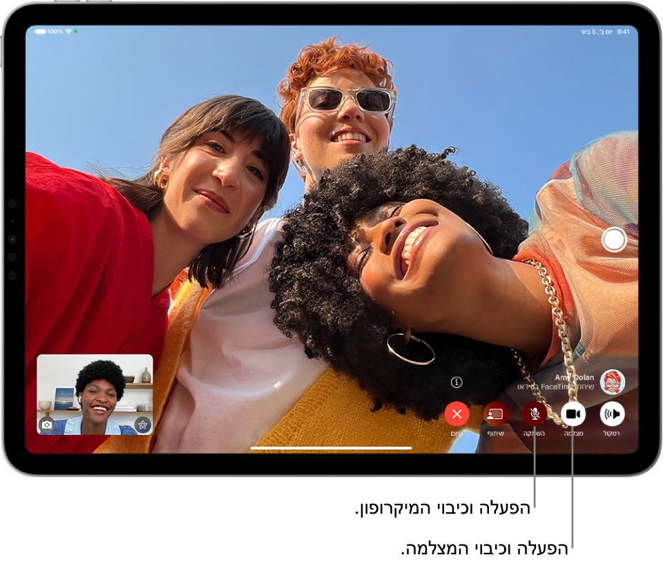 מסך FaceTime מציג שיחה. התמונה של המתקשר או המתקשרת מופיעה בתוך מלבן קטן בפינה השמאלית התחתונה, והתמונה של הנמען ממלאת את שאר המסך. פקדי FaceTime פרוסים לאורך תחתית המסך והם כוללים את הכפתורים ״רמקול״, ״שמע״, ״מצלמה״, ״השתקה״ ו״שיתוף תוכן״ ו״סיום״. מעל הפקדים נמצאים שם או Apple ID של האדם עמו מבוצעת השיחה.