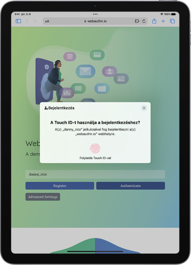 A jelkód részeként Touch ID-t használó fiók bejelentkezési képernyője látható.