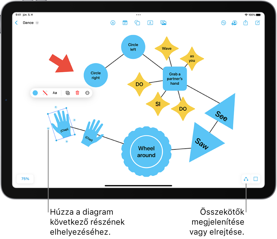 Egy diagram látható egy Freeform-táblán, a kiválasztott alakzaton látható összekötőkkel és a felette látható alakzatformázó eszközökkel.