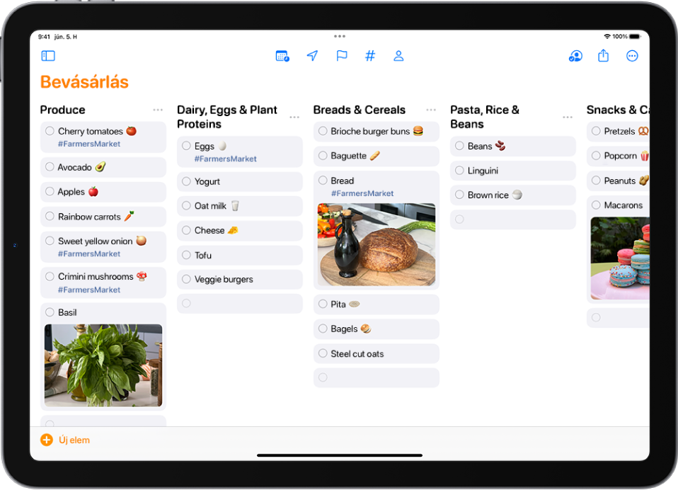 Bevásárlólista az Emlékeztetők appban oszlopokba rendezett kategóriákkal. Az Új elem gomb a bal alsó részen található.
