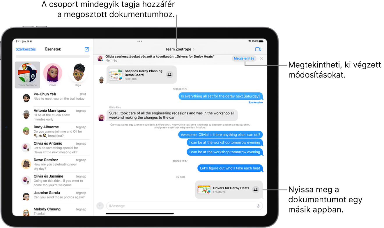 Csoportos beszélgetés az Üzenetek appban egy együttműködésre szóló meghívással, illetve a beszélgetés ablakának tetején a frissítésekkel.