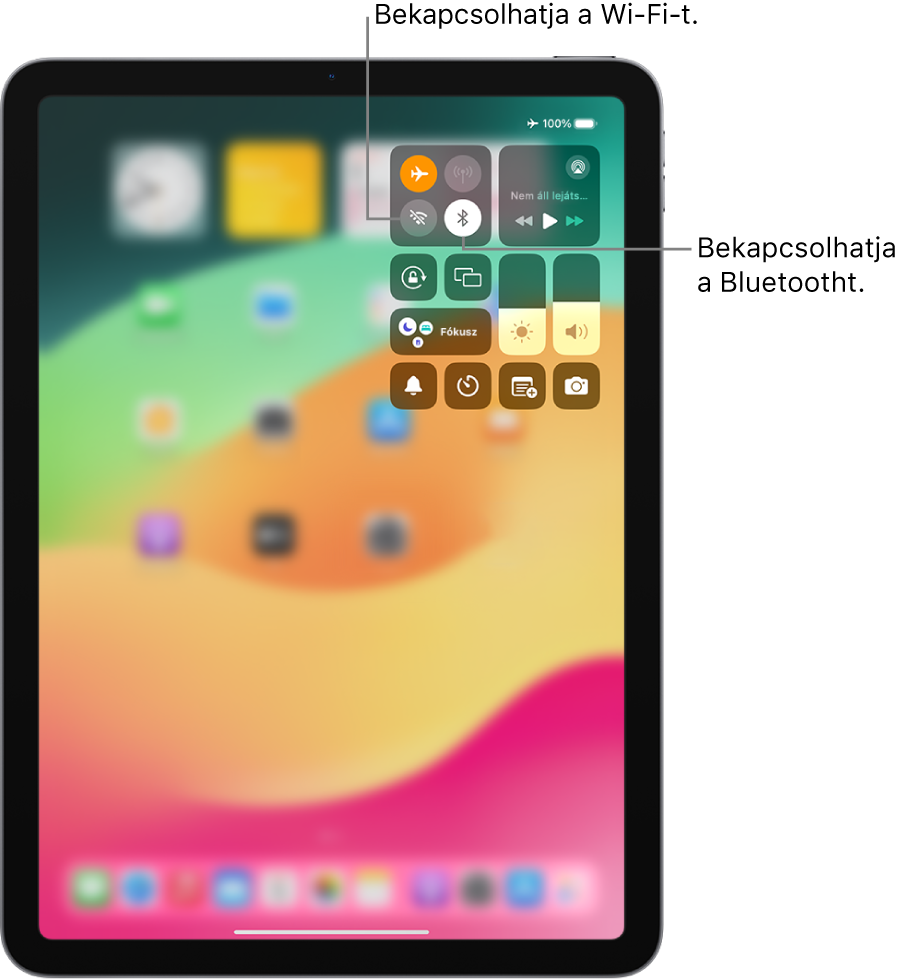 Az iPaden lévő Vezérlőközpont, amelyen a repülőgép mód be van kapcsolva. A Vezérlőközpont bal felső sarkában a Wi-Fi és a Bluetooth bekapcsolásához használható gombok láthatók.