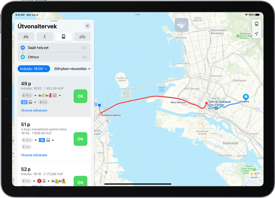 Egy térkép egy tömegközlekedési útvonaltervvel. A bal oldali útvonalkártya OK gombokat jelenít meg a különféle útvonal-lehetőségekhez.