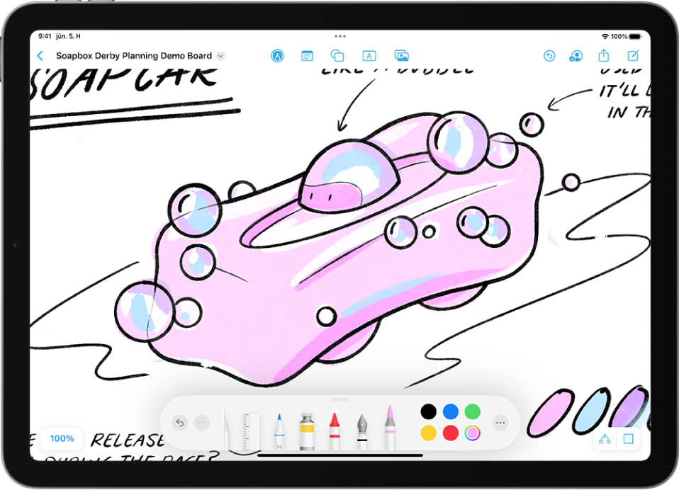 Rajzok és kézzel írt szövegek egy Freeform-táblán. Alul a rajzeszközök jelennek meg.