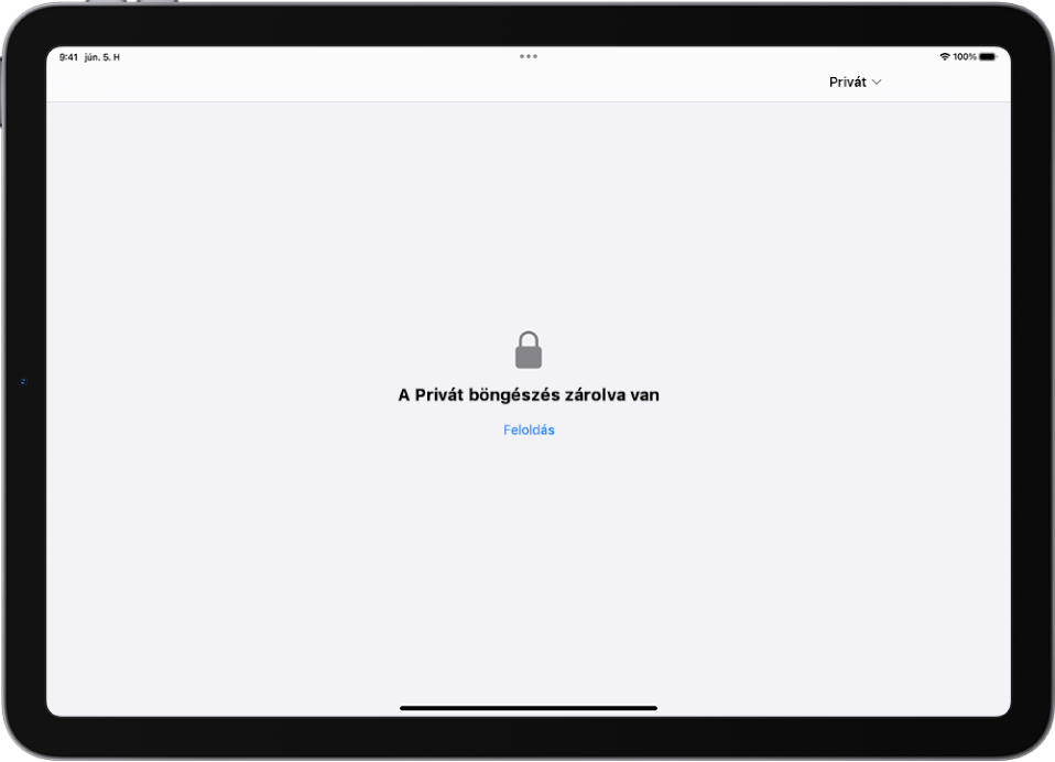 A Safari privát böngészéshez van megnyitva. A képernyő közepén a következő szöveg olvasható: A Privát böngészés zárolva van. A szöveg alatt egy Feloldás gomb található.