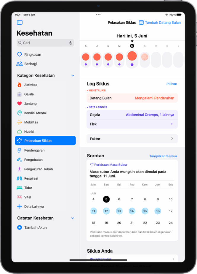 Layar Pelacakan Siklus menampilkan garis waktu untuk seminggu di bagian atas layar. Lingkaran merah padat dan titik ungu menandakan 5 hari pertama di garis waktu. Di bawah garis waktu terdapat pilihan untuk menambahkan informasi mengenai haid, gejala, dan lainnya.