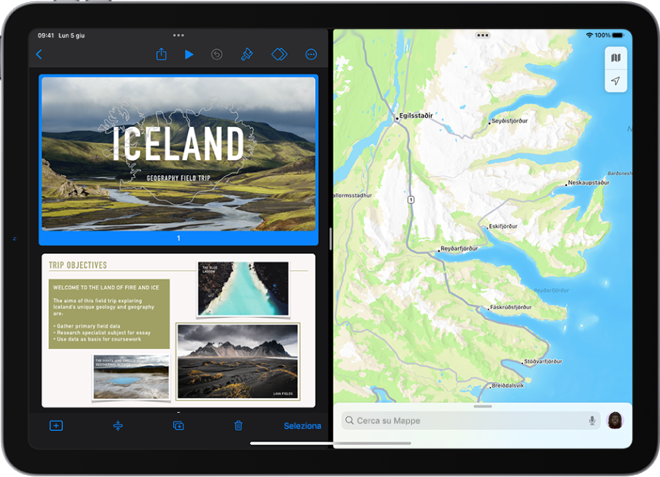 L’app Keynote aperta sul lato sinistro dello schermo e l’app Mappe aperta sul lato destro. Tra le due app è presente un separatore utilizzabile per ridimensionare Split View.