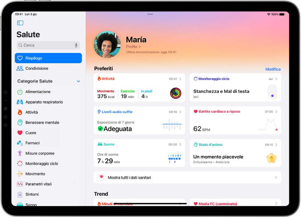 La schermata Riepilogo di Salute. Le informazioni su attività, livelli dell’audio delle cuffie, sonno, monitoraggio ciclo, frequenza cardiaca a riposo e passi totalizzati vengono visualizzate sotto Preferiti.
