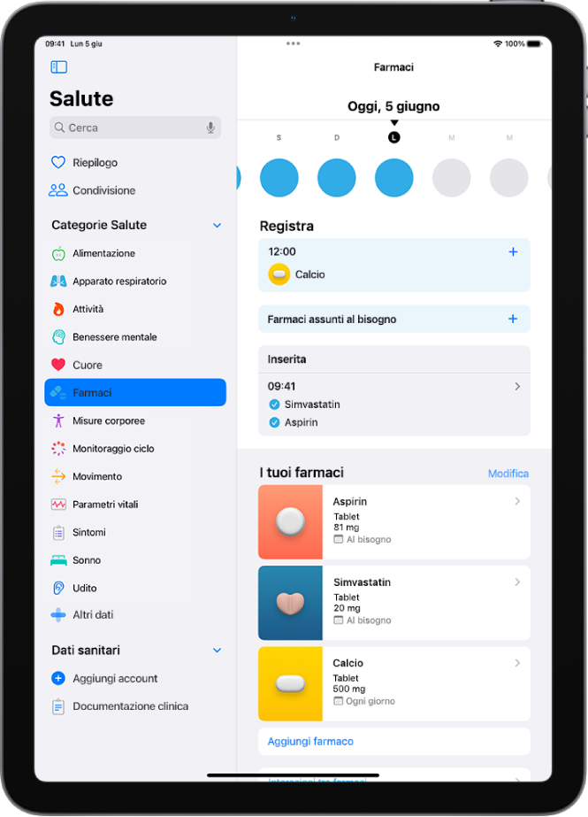 La schermata Farmaci in Salute che mostra la data e la registrazione per i farmaci.