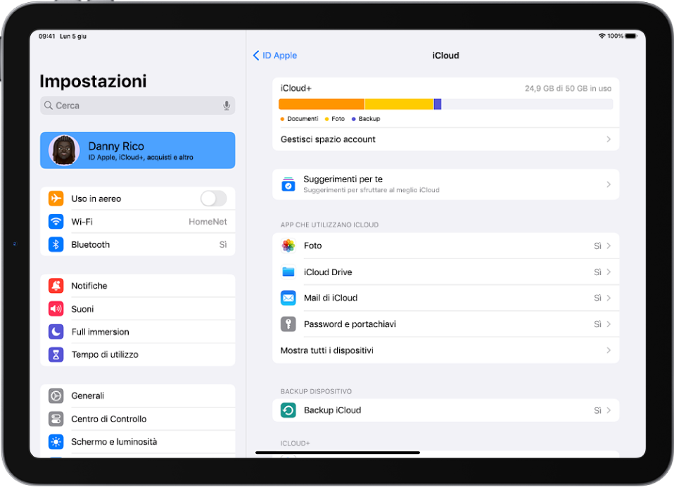 La schermata delle impostazioni di iCloud che mostra la barra dello spazio di archiviazione disponibile e un elenco di funzionalità, tra cui Foto, iCloud Drive e “Backup iCloud”, che possono essere utilizzate con iCloud.